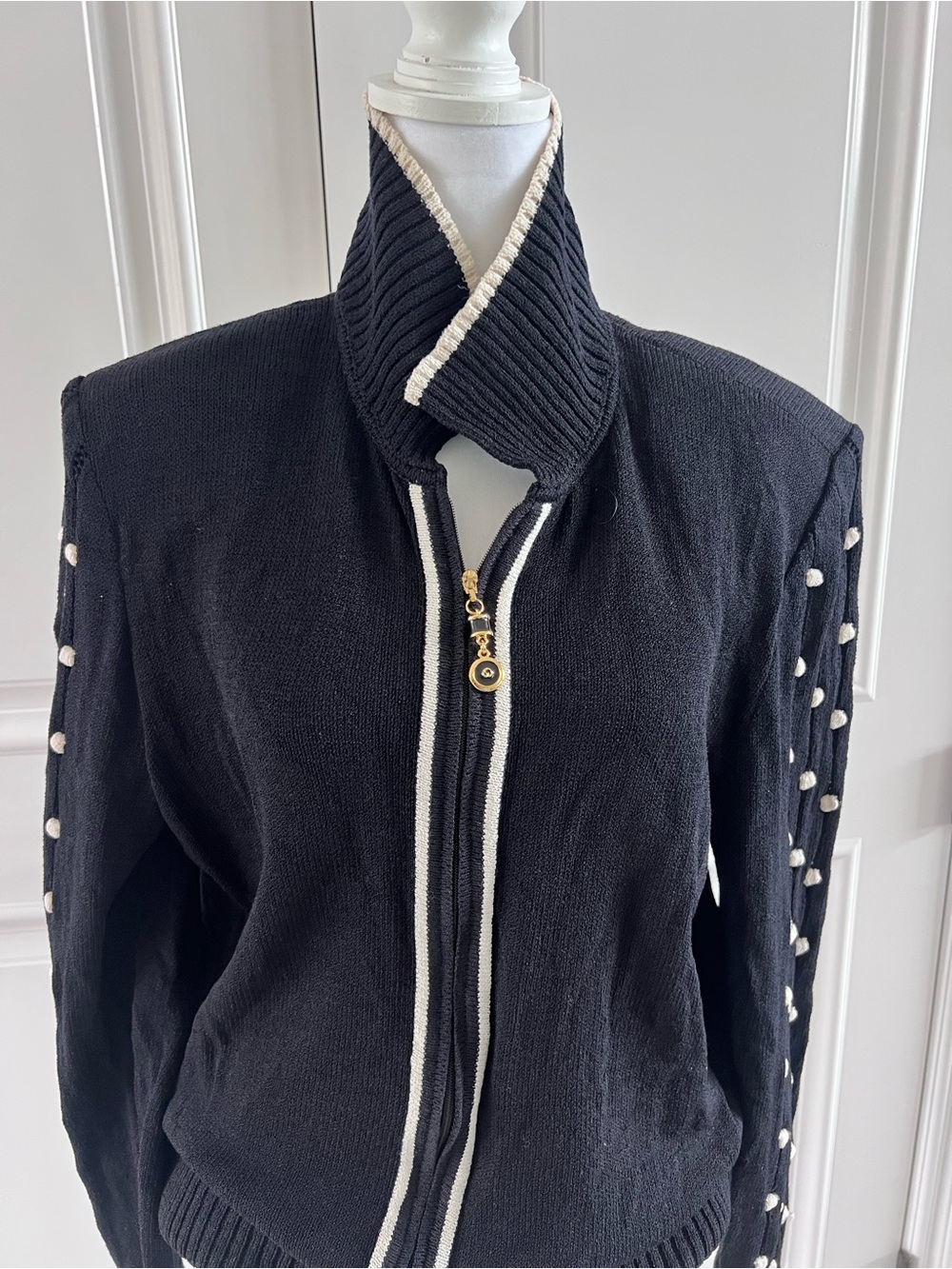 St. John Black Knit Zip Jacket with White Trim